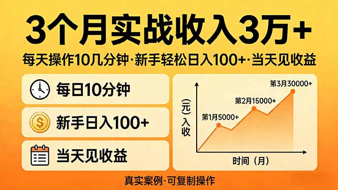 3个月实战收入3万+，每天操作10几分钟，新手轻松日入100+，当天见收益-副业网