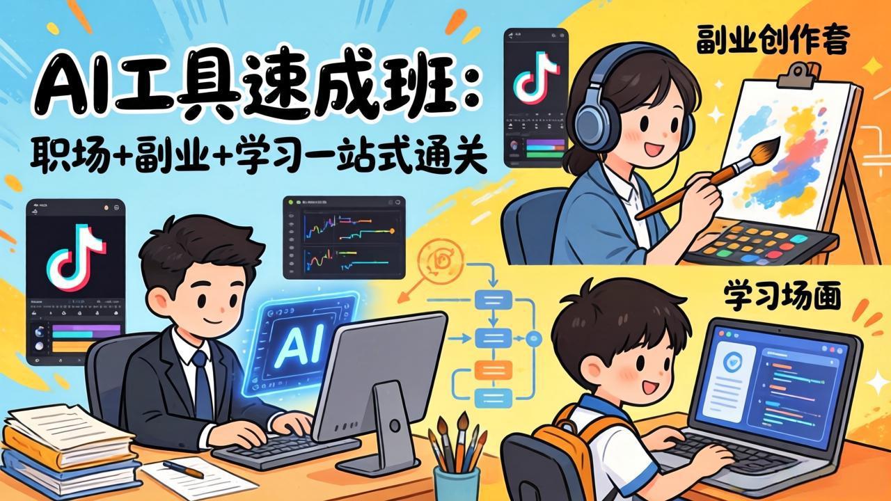 AI工具速成班：职场+副业+学习一站式通关，20+爆款类型+剪映技巧+抖音算法，0基础快速上手-副业网