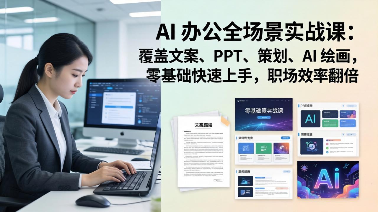 AI 办公全场景实战课：覆盖文案、PPT、策划、AI 绘画，零基础快速上手，职场效率翻倍-副业网