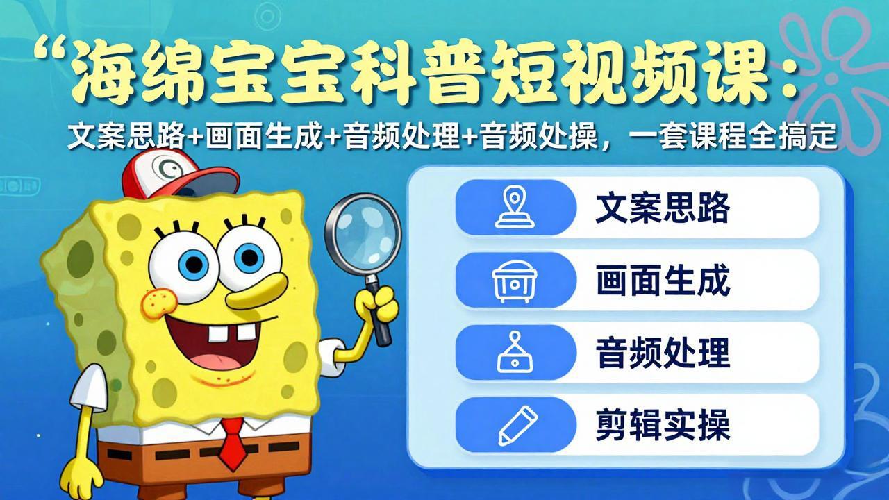 海绵宝宝科普短视频课：文案思路+画面生成+音频处理+剪辑实操，一套课程全搞定-副业网