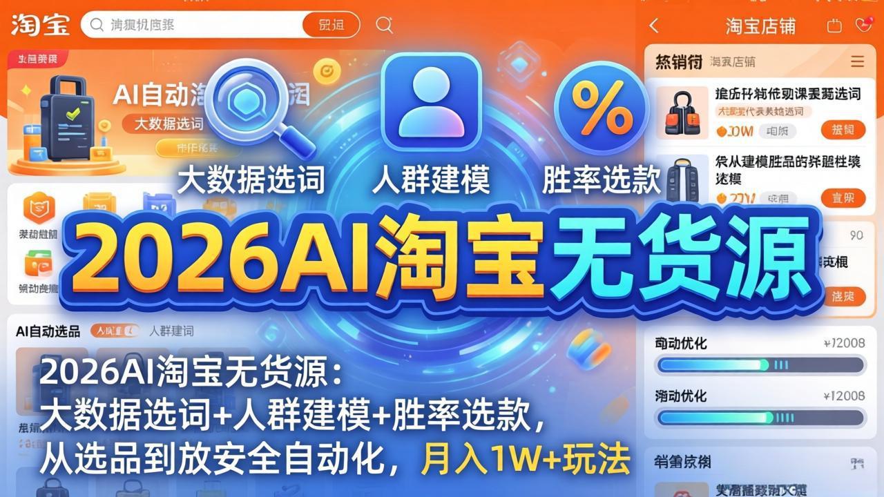 2026AI淘宝无货源：大数据选词+人群建模+胜率选款，从选品到放大全自动化，月入1W+玩法-副业网