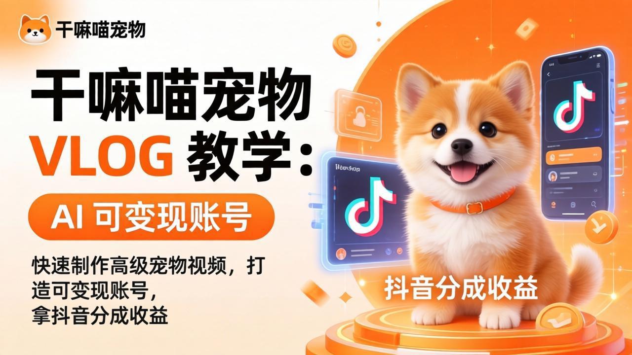 干嘛喵宠物 VLOG 教学：AI 快速制作高级宠物视频，打造可变现账号，拿抖音分成收益-副业网