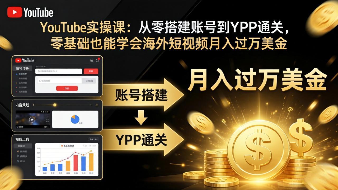 YouTube实操课：从零搭建账号到YPP通关，零基础也能学会海外短视频月入过万美金-副业网