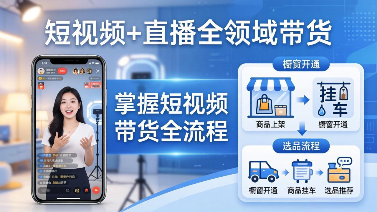 短视频+直播全领域带货-更新：掌握橱窗开通、挂车、选品、爆款文案改编等短视频带货全流程-副业网