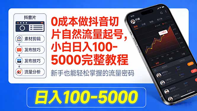 0成本做抖音切片自然流量起号，小白日入100-5000完整教程-副业网