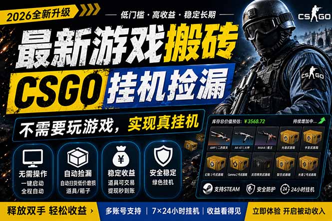 最新游戏搬砖，CSGO纯挂机，不需要玩游戏，实现真挂机，月入1W+，五一小高峰上车可吃肉，…-副业网