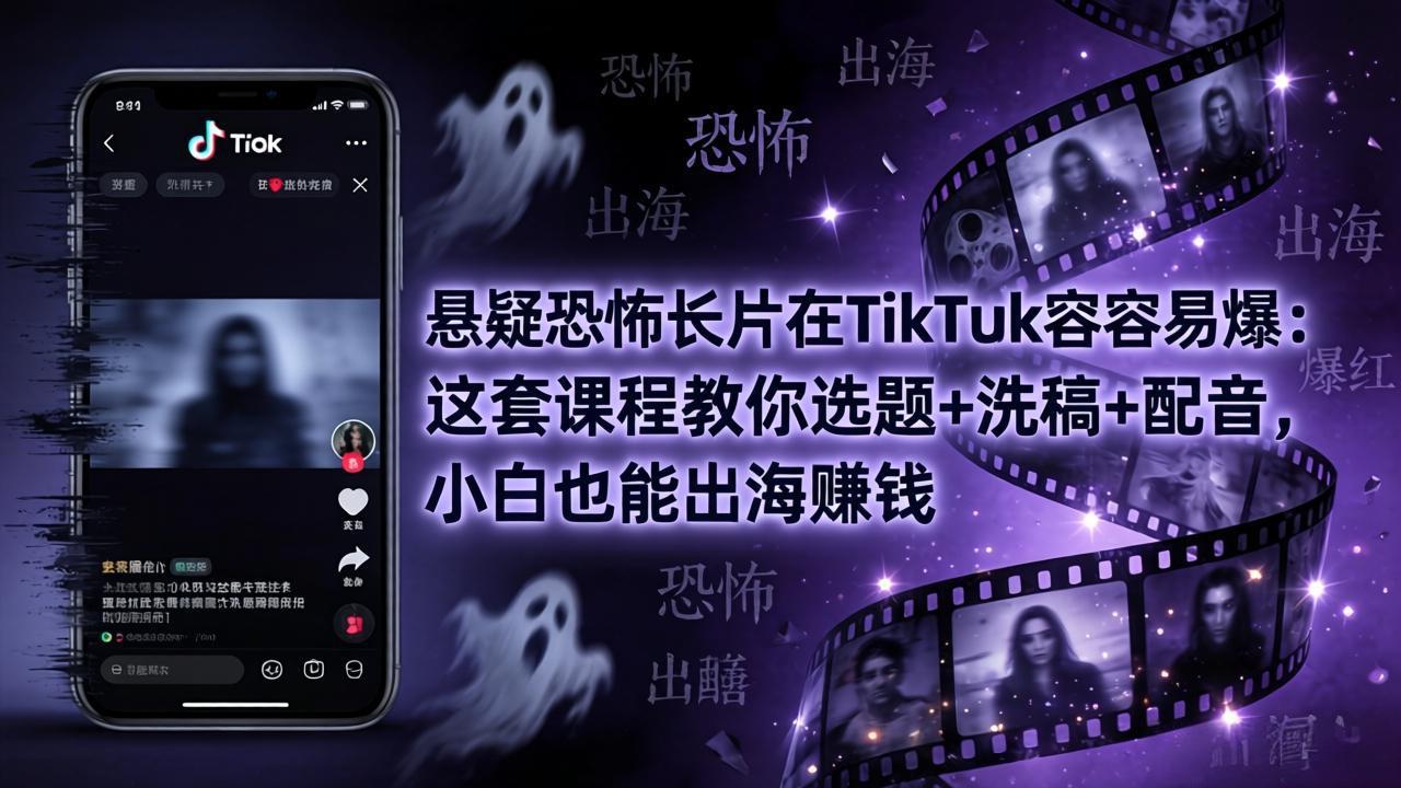 悬疑恐怖长片在TikTok最容易爆：这套课程教你选题+洗稿+配音，小白也能出海赚钱-副业网
