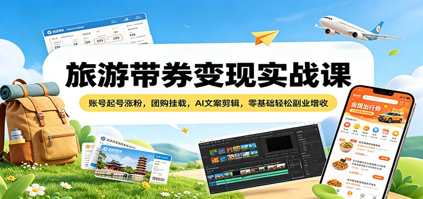 旅游带券变现实战课：账号起号涨粉，团购挂载，AI文案剪辑，零基础轻松副业增收-副业网