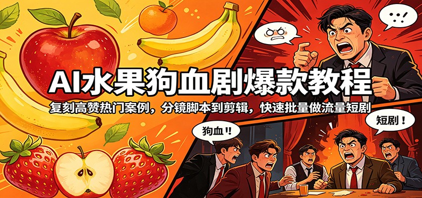 AI水果狗血剧爆款教程：复刻高赞热门案例，分镜脚本到剪辑，快速批量做流量短剧-副业网
