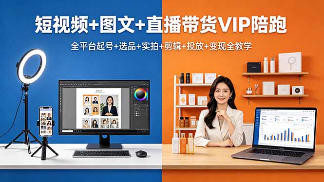 短视频+图文+直播带货VIP陪跑，全平台起号+选品+实拍+剪辑+投放+变现全教学-副业网