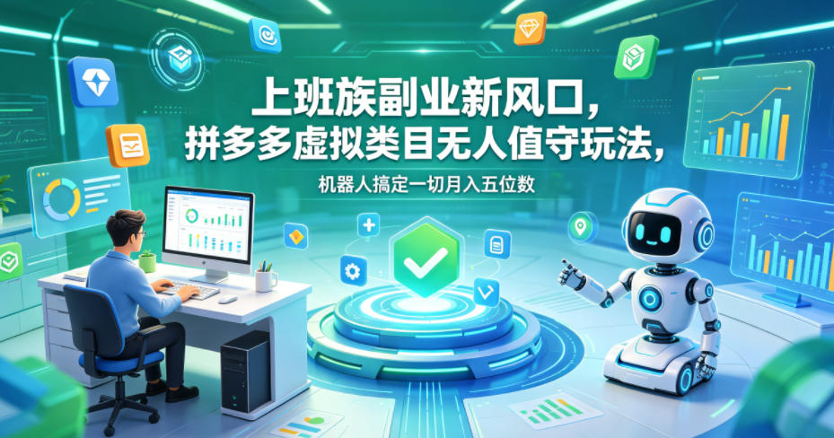 上班族副业新风口，拼多多虚拟类目无人值守玩法，机器人搞定一切月入五位数【揭秘】-副业网