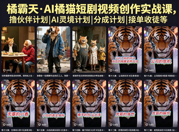 橘霸天·AI橘猫短剧视频创作实战课，撸伙伴计划|AI灵境计划|分成计划|接单收徒等-副业网