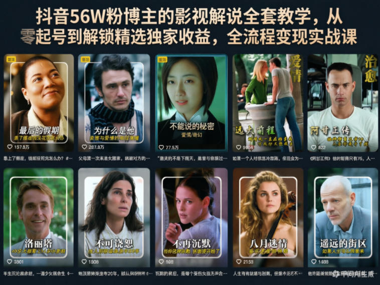 抖音56W粉博主的影视解说全套教学，从零起号到解锁精选独家收益，全流程变现实战课-副业网