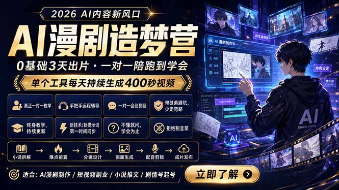 AI漫剧造梦营:0基础3天出片,单个工具每天持续生成400秒视频-副业网