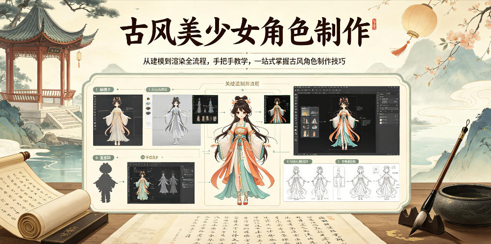 古风美少女角色制作，从建模到渲染全流程，手把手教学，一站式掌握古风角色制作技巧-副业网