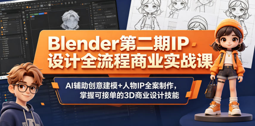 Blender第二期IP设计全流程商业实战课，AI辅助创意建模+人物IP全案制作，掌握可接单的3D商业设计技能-副业网