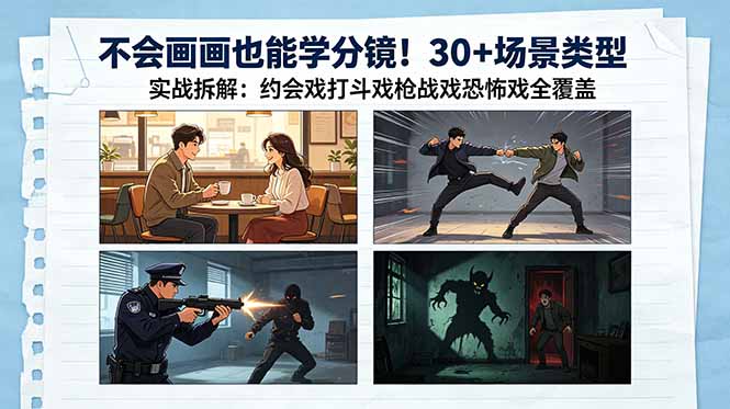不会画画也能学分镜!30+场景类型实战拆解:约会戏打斗戏枪战戏恐怖戏全覆盖-副业网