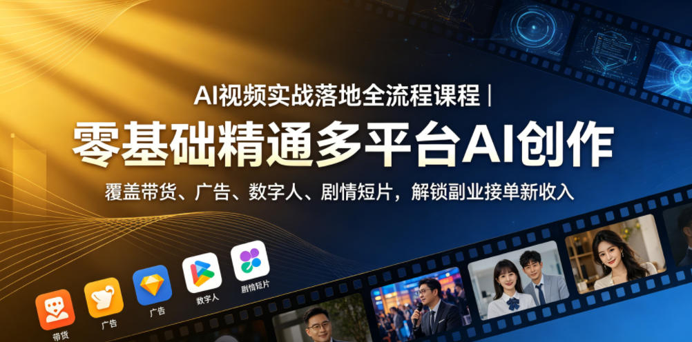 AI视频实战落地全流程课程|零基础精通多平台AI创作,覆盖带货、广告、数字人、剧情短片,解锁副业接单新收入-副业网