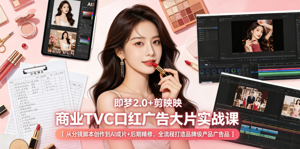 即梦2.0+剪映商业TVC口红广告大片实战课｜从分镜脚本创作到AI成片+后期精修，全流程打造品牌级产品广告-副业网