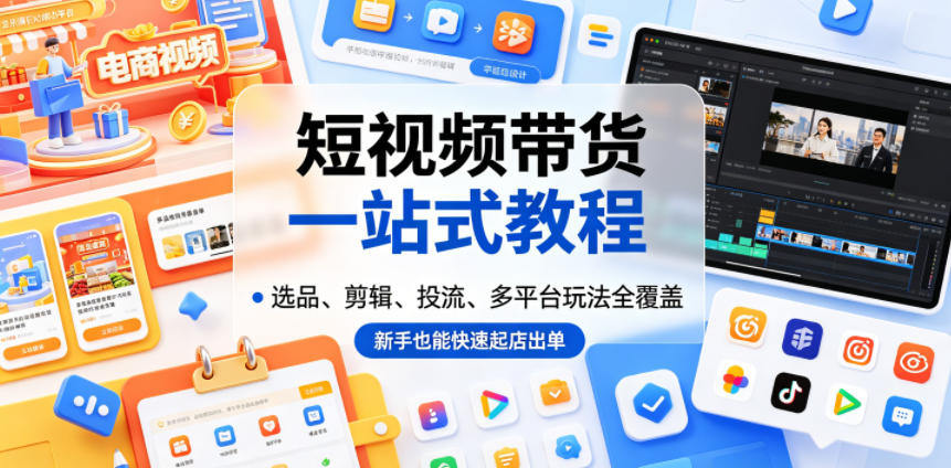 短视频带货一站式教程，选品、剪辑、投流、多平台玩法全覆盖，新手也能快速起店出单-副业网