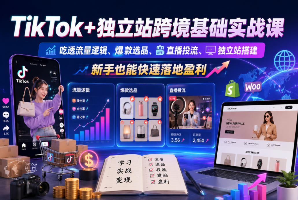 TikTok+独立站跨境基础实战课，吃透流量逻辑、爆款选品、直播投流与独立站搭建，新手也能快速落地盈利-副业网