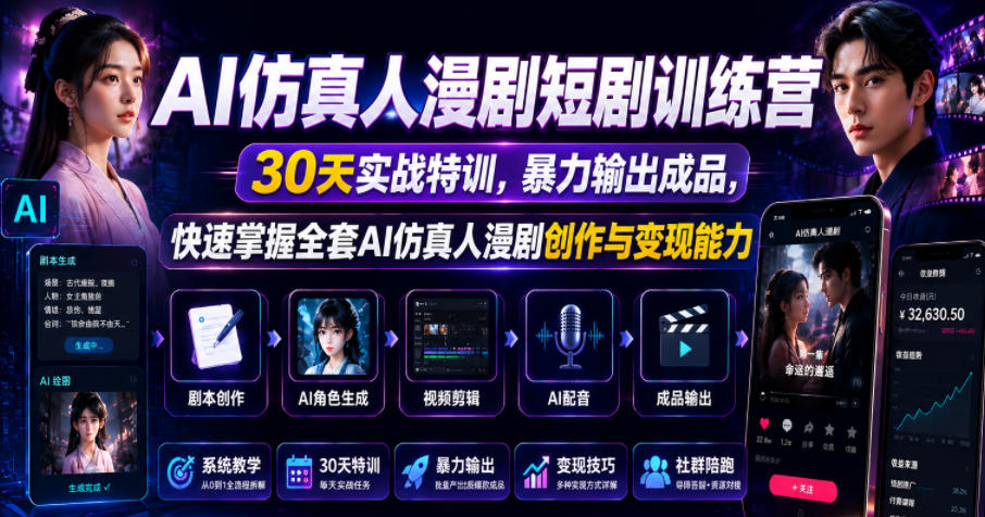 AI仿真人漫剧短剧训练营,30天实战特训,暴力输出成品,快速掌握全套AI仿真人漫剧创作与变现能力-副业网