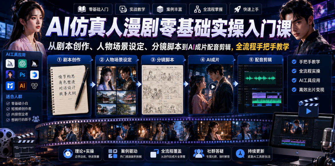 AI仿真人漫剧零基础实操入门课，从剧本创作、人物场景设定、分镜脚本到AI成片配音剪辑，全流程手把手教学-副业网