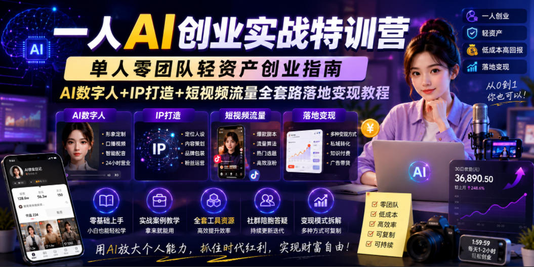 一人AI创业实战特训营,单人零团队轻资产创业指南,AI数字人+IP打造+短视频流量全套路落地变现教程-副业网