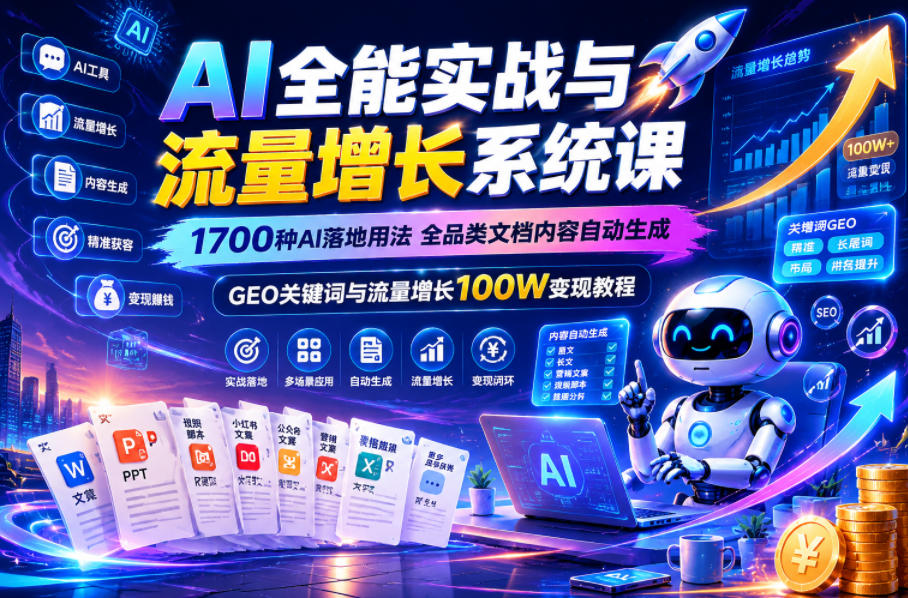 AI全能实战与流量增长系统课,1700种AI落地用法,全品类文档内容自动生成,GEO关键词与流量增长100W变现教程-副业网